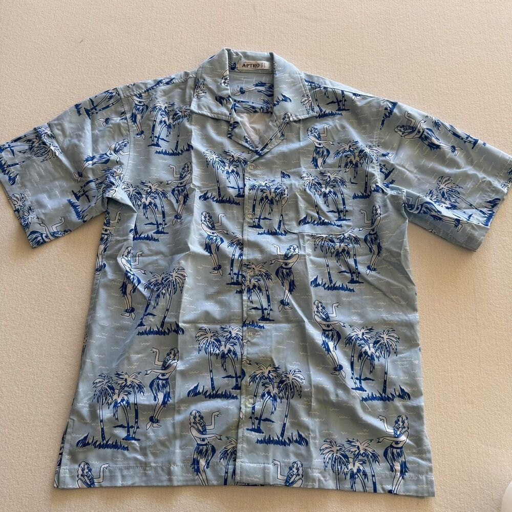 APTRO Shirt Mens Small Blue Hawaiian Hula Girl Button Up Tropical Beach Casual